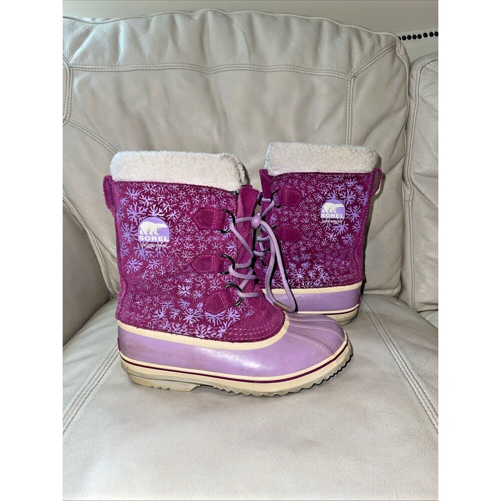 Sorel Waterproof Snow Boots GIrls Youth Size 5 Yoot Pac Pink Purple Snowflake